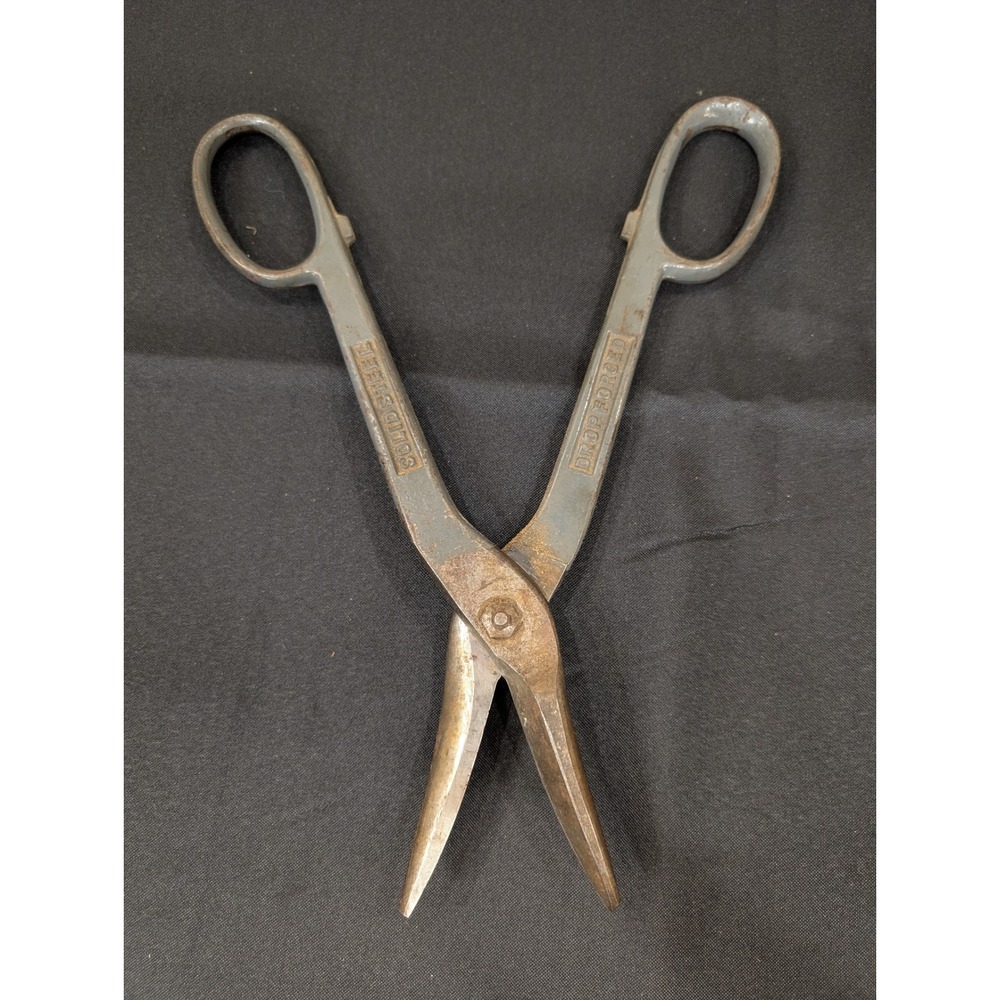 Vintage Solid Steel Drop Forged Tin Snips Metal Cutting Shears Grey Handle - Picture 1 of 5